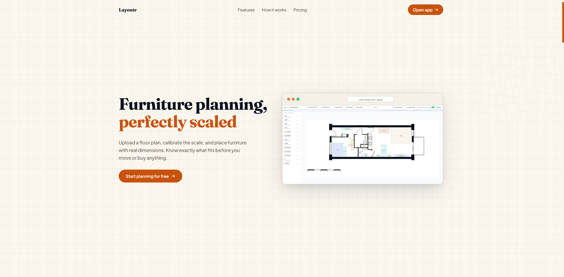 Screenshot of the Layoutr app with a floor plan and furniture to scale.