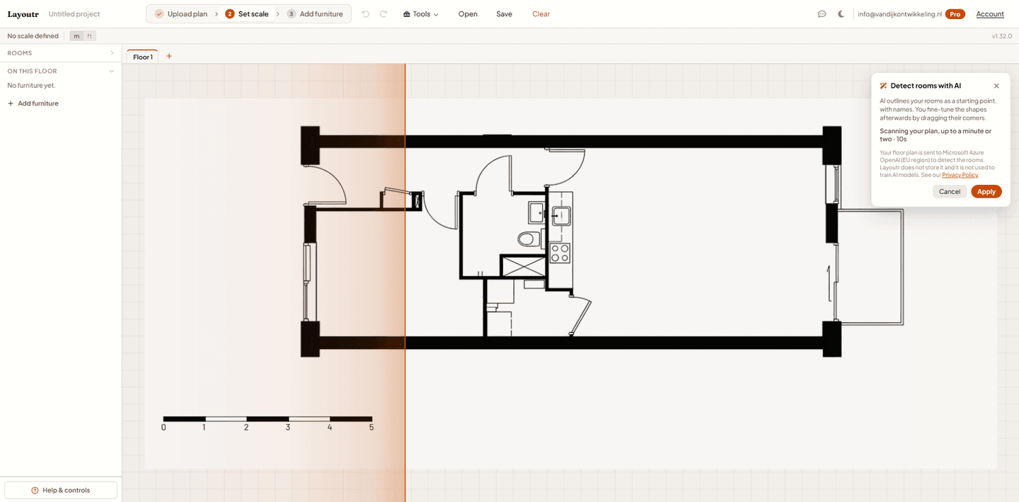 De Layoutr-app die de kamers in een plattegrond automatisch met AI herkent.